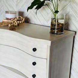 Tallboy Dresser (Chest of Drawers) 1950s Curved Front Chest – Whitewashed Vintage Finish
